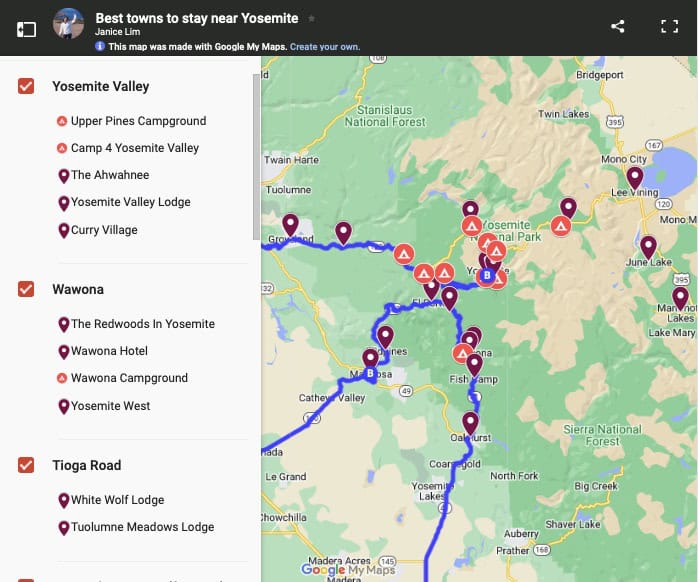 Best towns near Yosemite to stay - map
