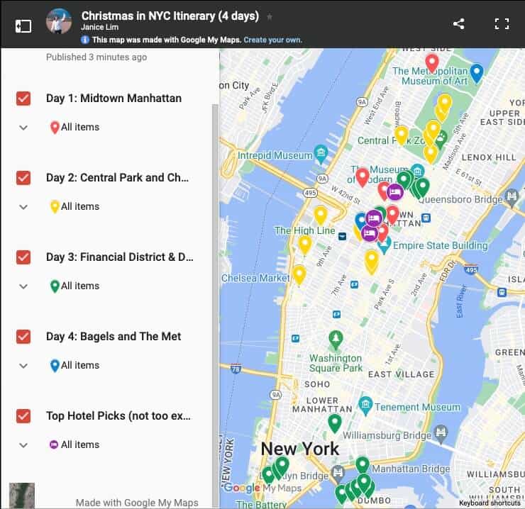 NYC Christmas itinerary map