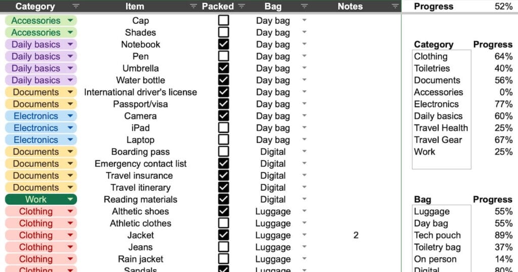 Packing List Template Preview