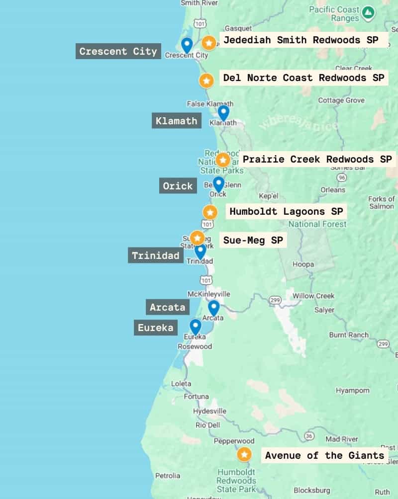 Map of towns near Redwood National and State Parks