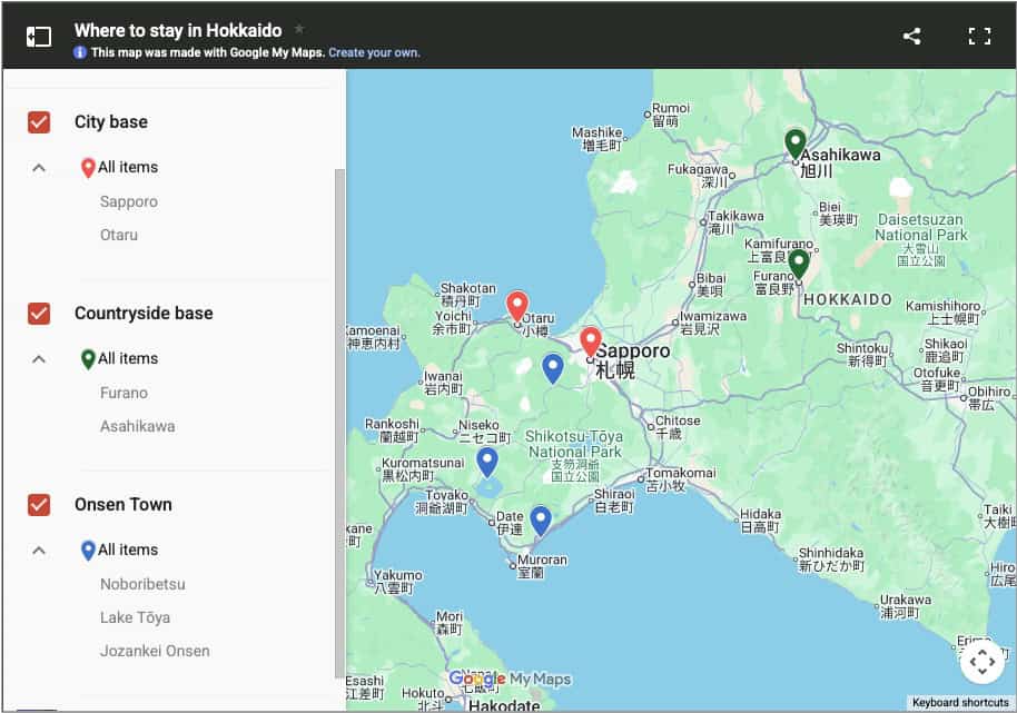 Where to stay in Hokkaido - map