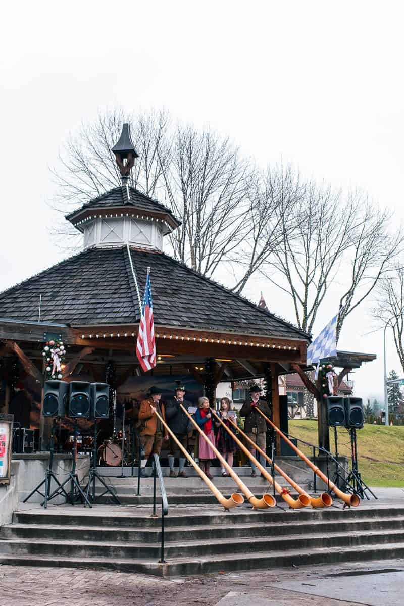 Alphorn players performing at the gazebo in downtown Leavenworth