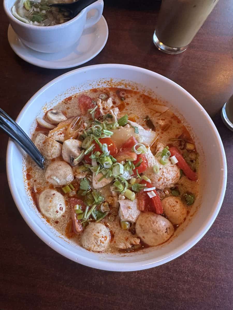 Thai soup and iced coffee for lunch at Arches Thai in Moab