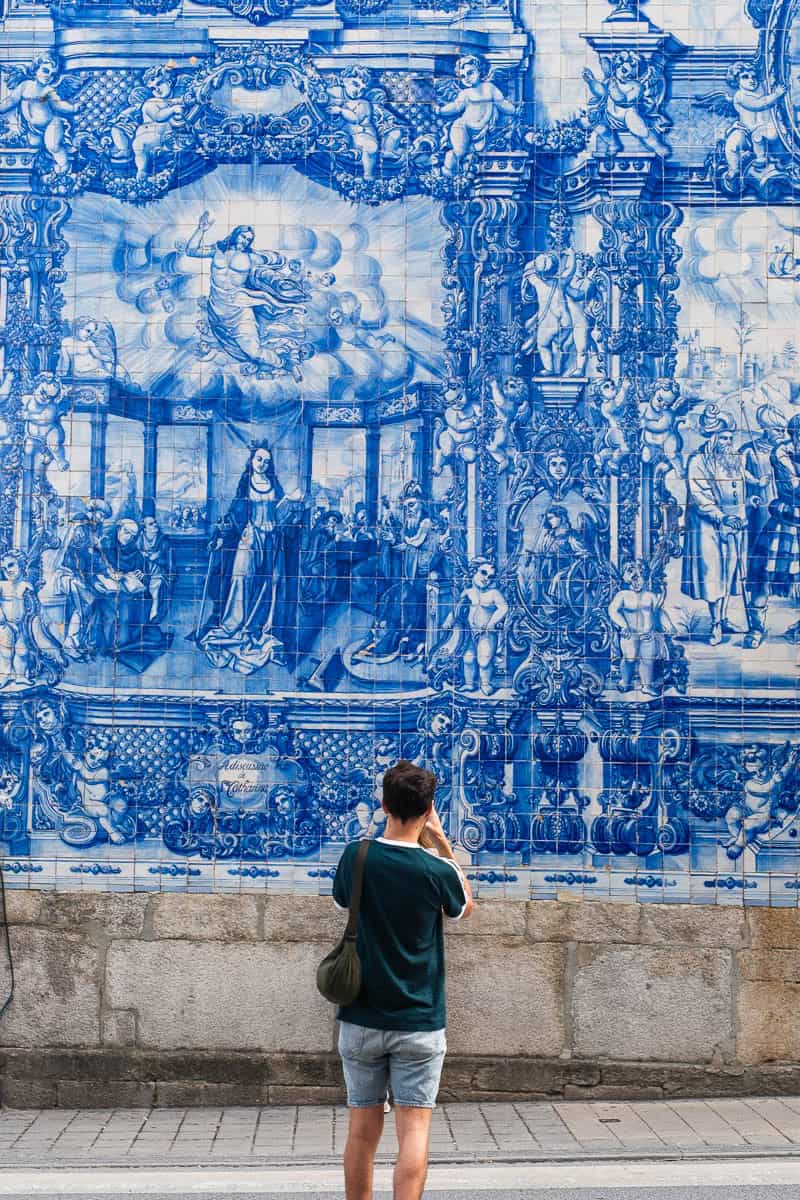 Blue and white azulejo tile wall of Capela das Almas in Porto