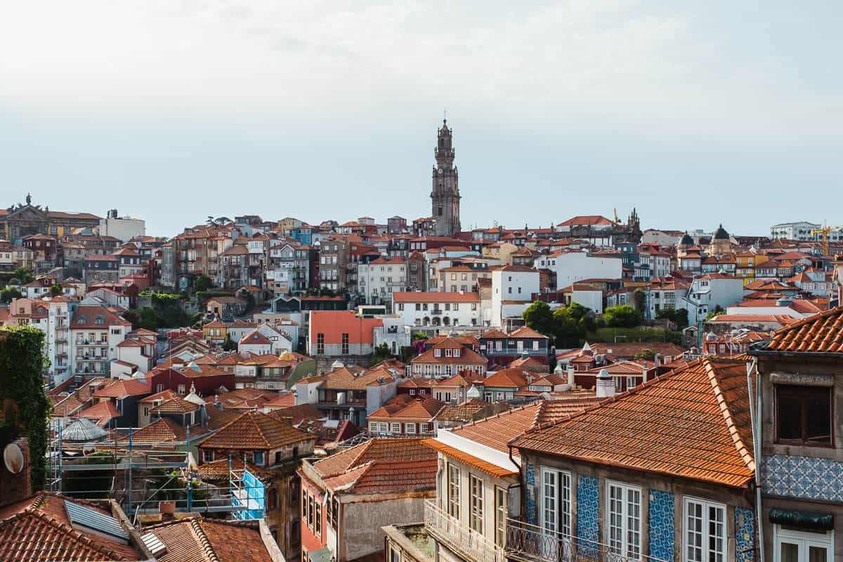 Porto rooftops and the Clerigos tower seen from the cathedral terrace viewpoint